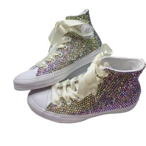 Crystal AB Diamond High Top Monochrome Converse Sizes 5-14 New With Ribbon Laces